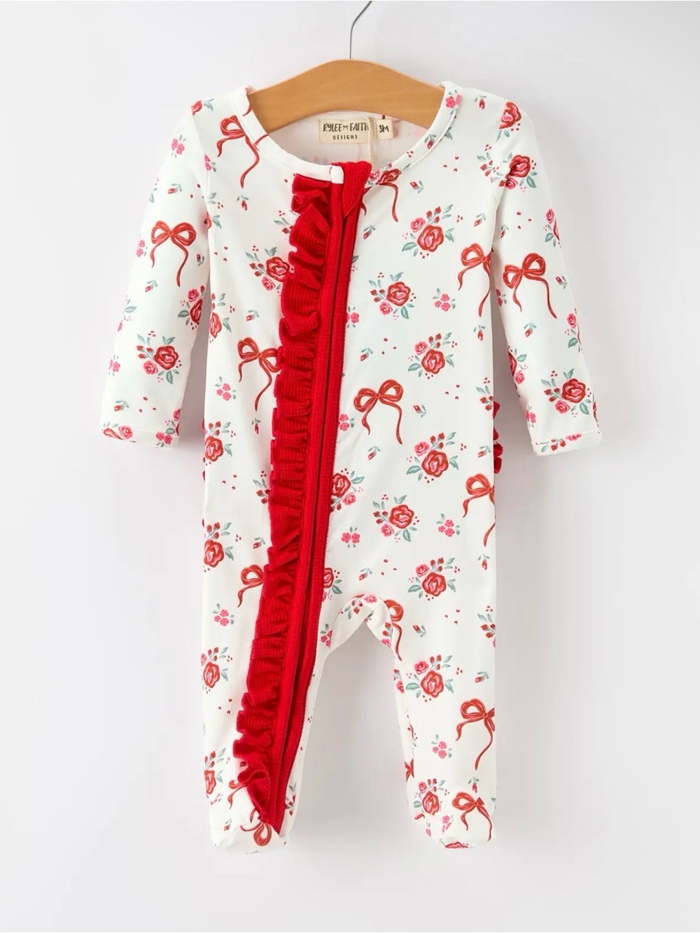 Rylee Faith Baby Girls Red Bow Floral Ruffle Zip Romper
